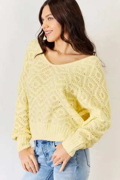 HYFVE V-Neck Patterned Long Sleeve Sweater Trendsi