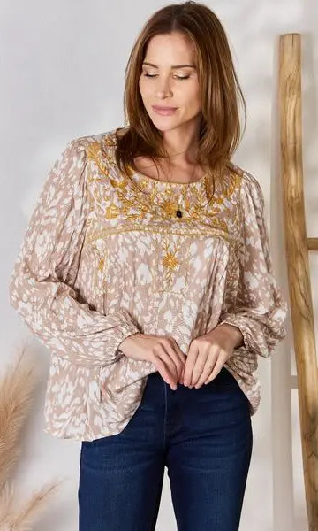 Hailey & Co Embroidered Printed Balloon Sleeve Blouse Trendsi