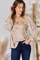 Hailey & Co Embroidered Printed Balloon Sleeve Blouse Trendsi