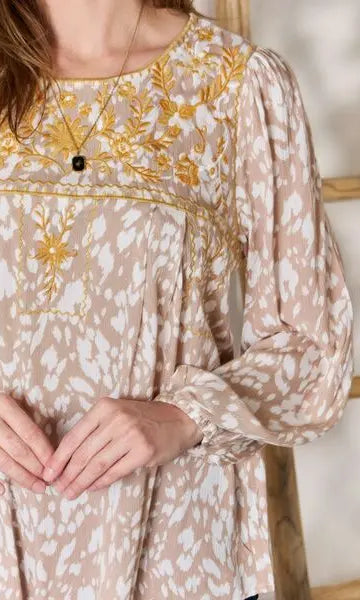 Hailey & Co Embroidered Printed Balloon Sleeve Blouse Trendsi