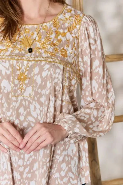 Hailey & Co Embroidered Printed Balloon Sleeve Blouse Trendsi