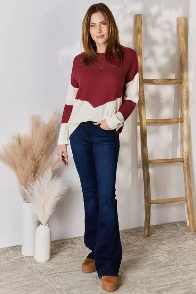 Hailey & Co Full Size Color Block Dropped Shoulder Knit Top Trendsi