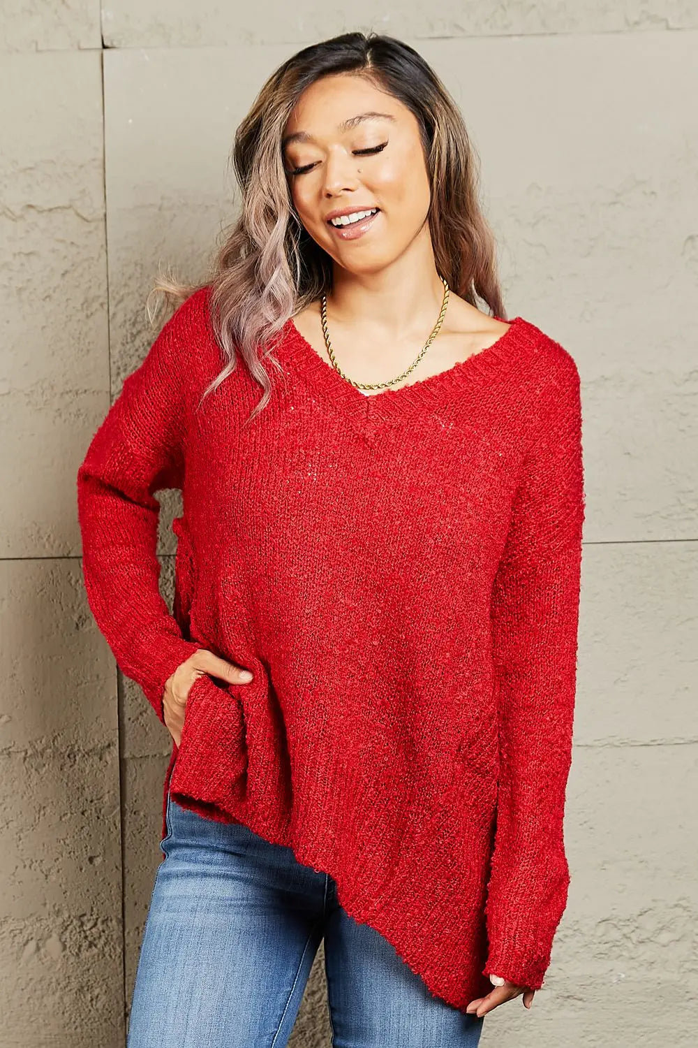 Heimish By The Fire Full Size Draped Detail Knit Sweater Trendsi