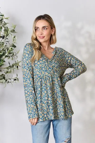 Heimish Full Size Floral Half Button Long Sleeve Blouse Trendsi
