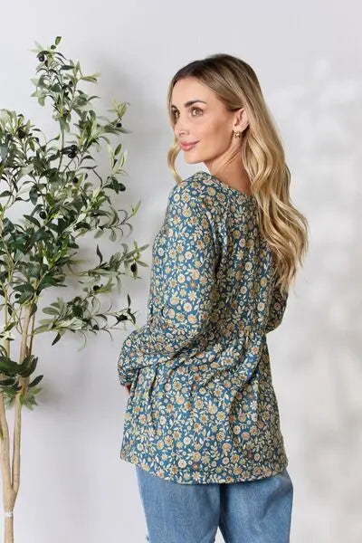 Heimish Full Size Floral Half Button Long Sleeve Blouse Trendsi