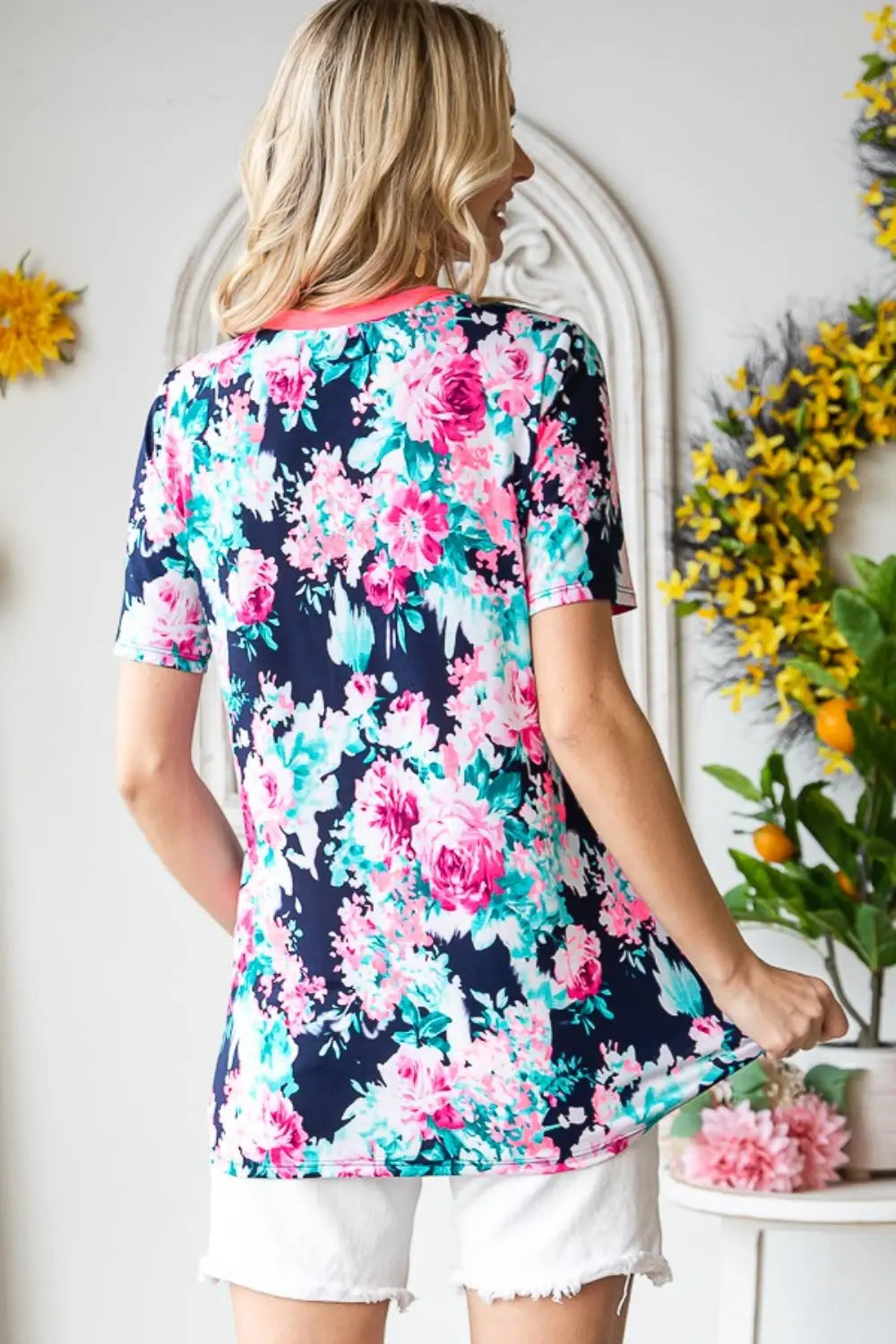 Heimish Full Size Floral V-Neck Short Sleeve T-Shirt Trendsi