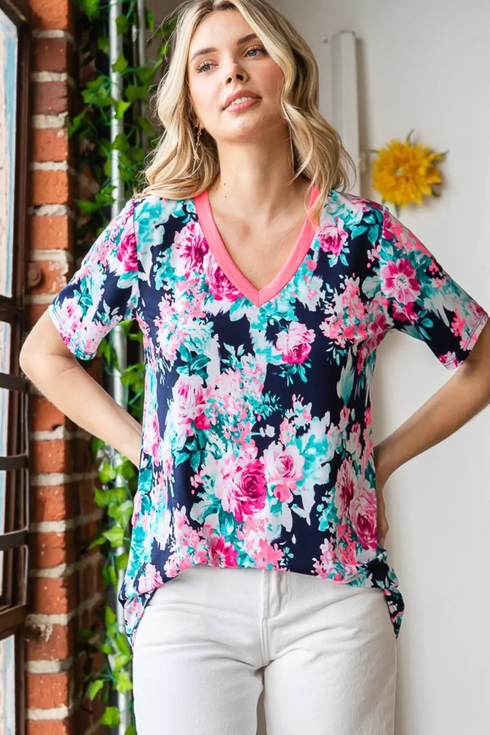 Heimish Full Size Floral V-Neck Short Sleeve T-Shirt Trendsi