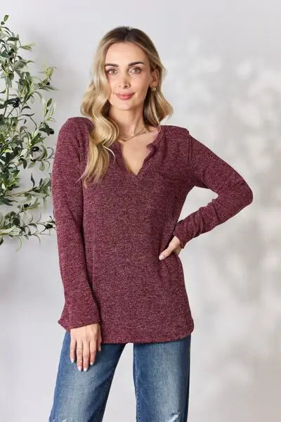 Heimish Full Size Notched Long Sleeve Top Trendsi