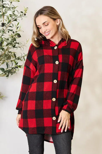 Heimish Full Size Plaid Button Front Hooded Shirt Trendsi