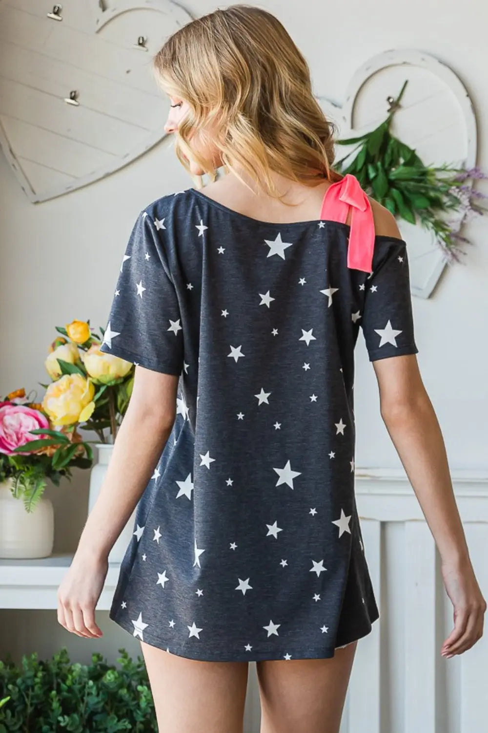 Heimish Full Size Star Print Asymmetrical Neck Short Sleeve Top Trendsi