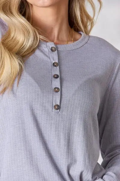 Heimish Full Size Texture Half Button Long Sleeve Top Trendsi