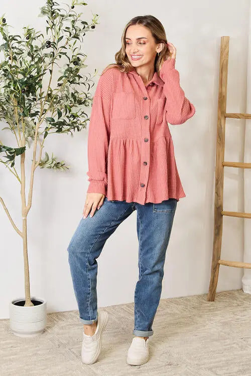 Heimish Full Size Waffle-Knit Button Down Blouse Trendsi