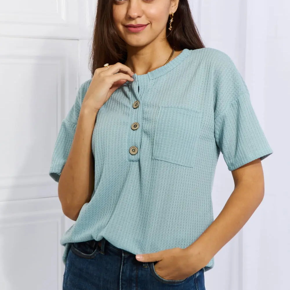 Heimish Made For You Full Size 1/4 Button Down Waffle Top in Blue Trendsi