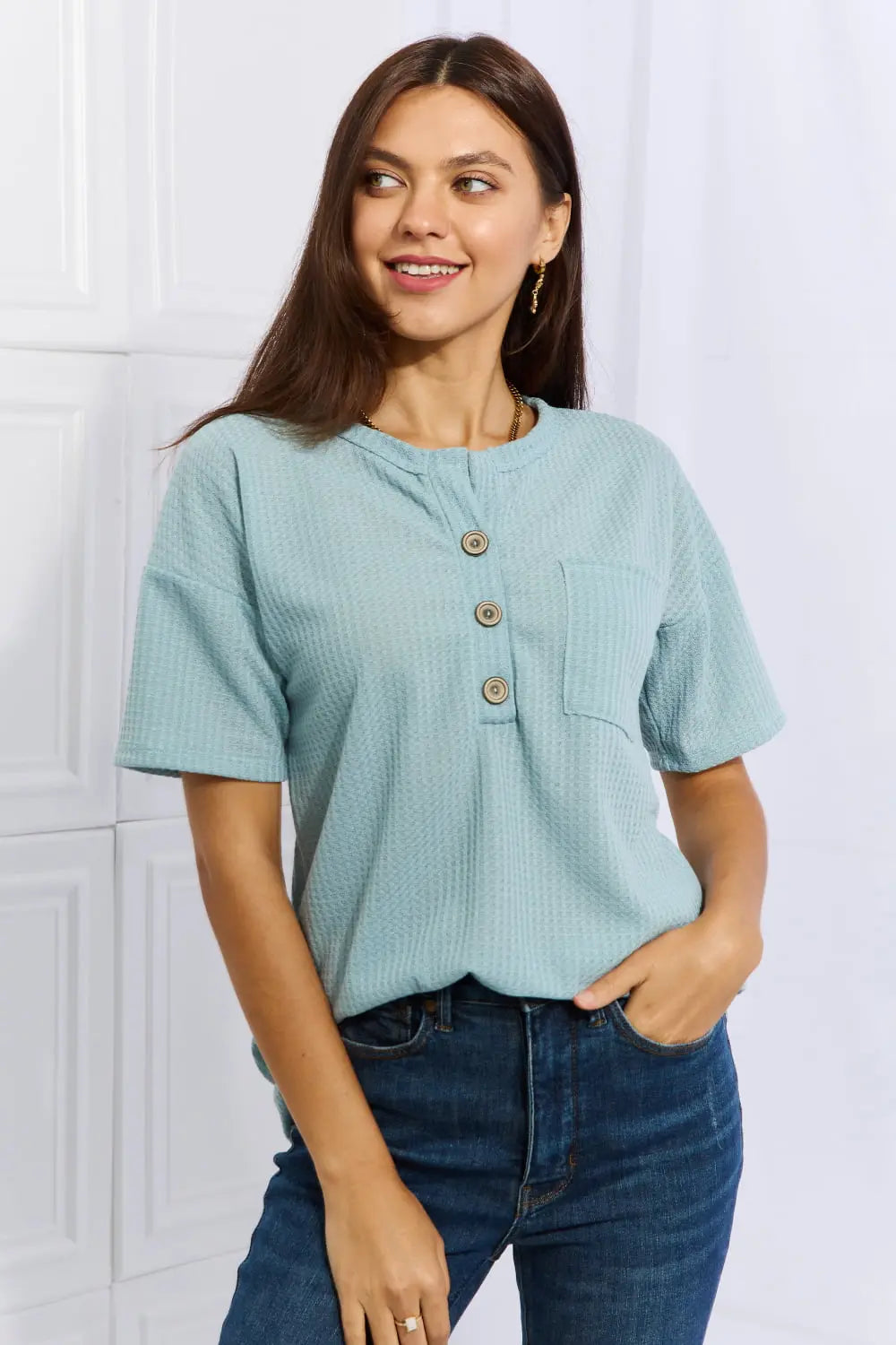 Heimish Made For You Full Size 1/4 Button Down Waffle Top in Blue Trendsi