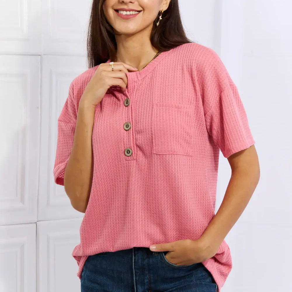 Heimish Made For You 1/4 Button Down Waffle Top in Blue Heimish