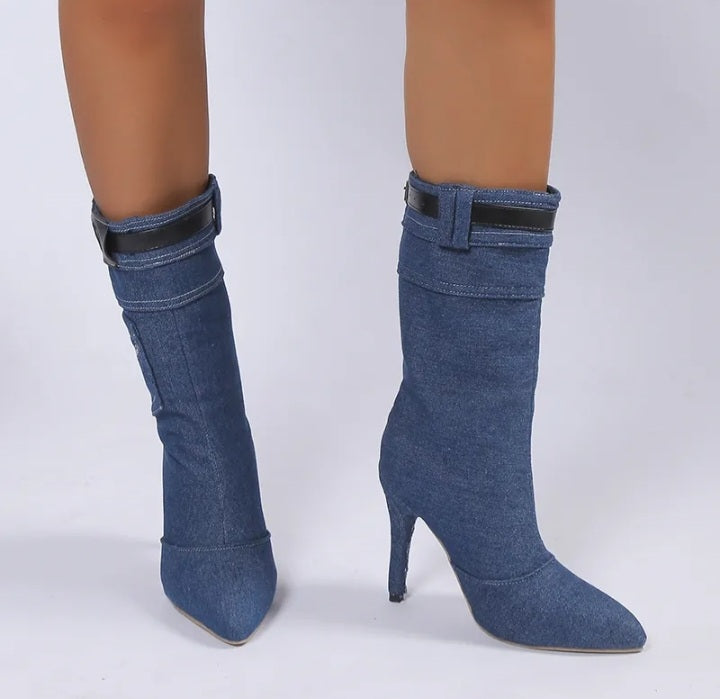 Women's Denim Boots High Heel Mid Calf Autumn Plus Size Pointed Toe Fashionella