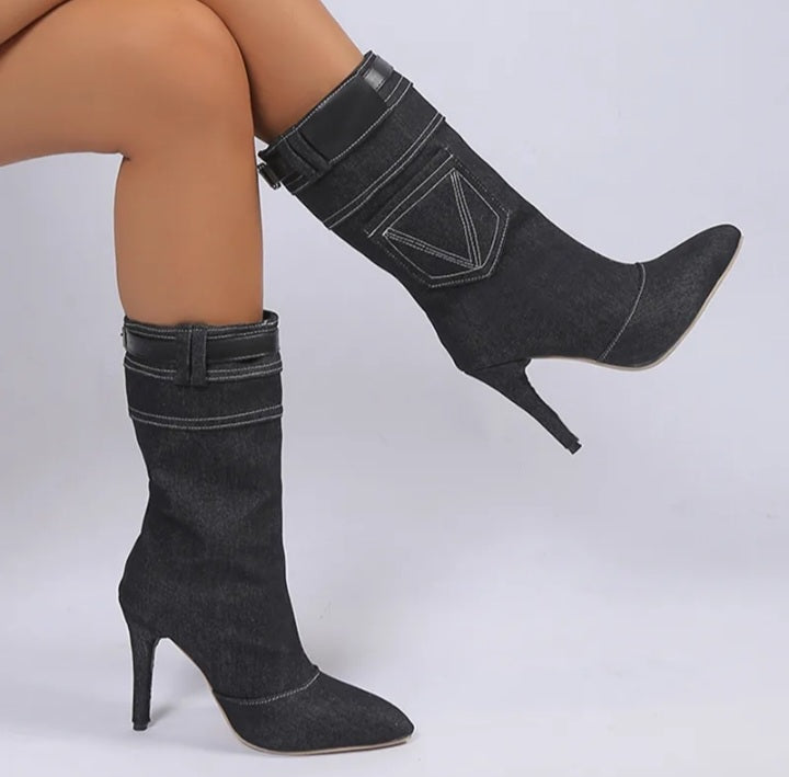 Women's Denim Boots High Heel Mid Calf Autumn Plus Size Pointed Toe Fashionella