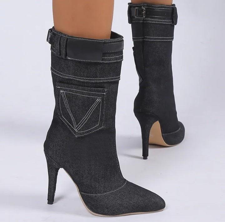 Women's Denim Boots High Heel Mid Calf Autumn Plus Size Pointed Toe Fashionella