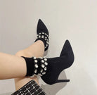 High Heel Women's Ankle Boots Cozy Stretch Fabric Diamonds Stripped Heel Fashionella