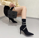 High Heel Women's Ankle Boots Cozy Stretch Fabric Diamonds Stripped Heel Fashionella