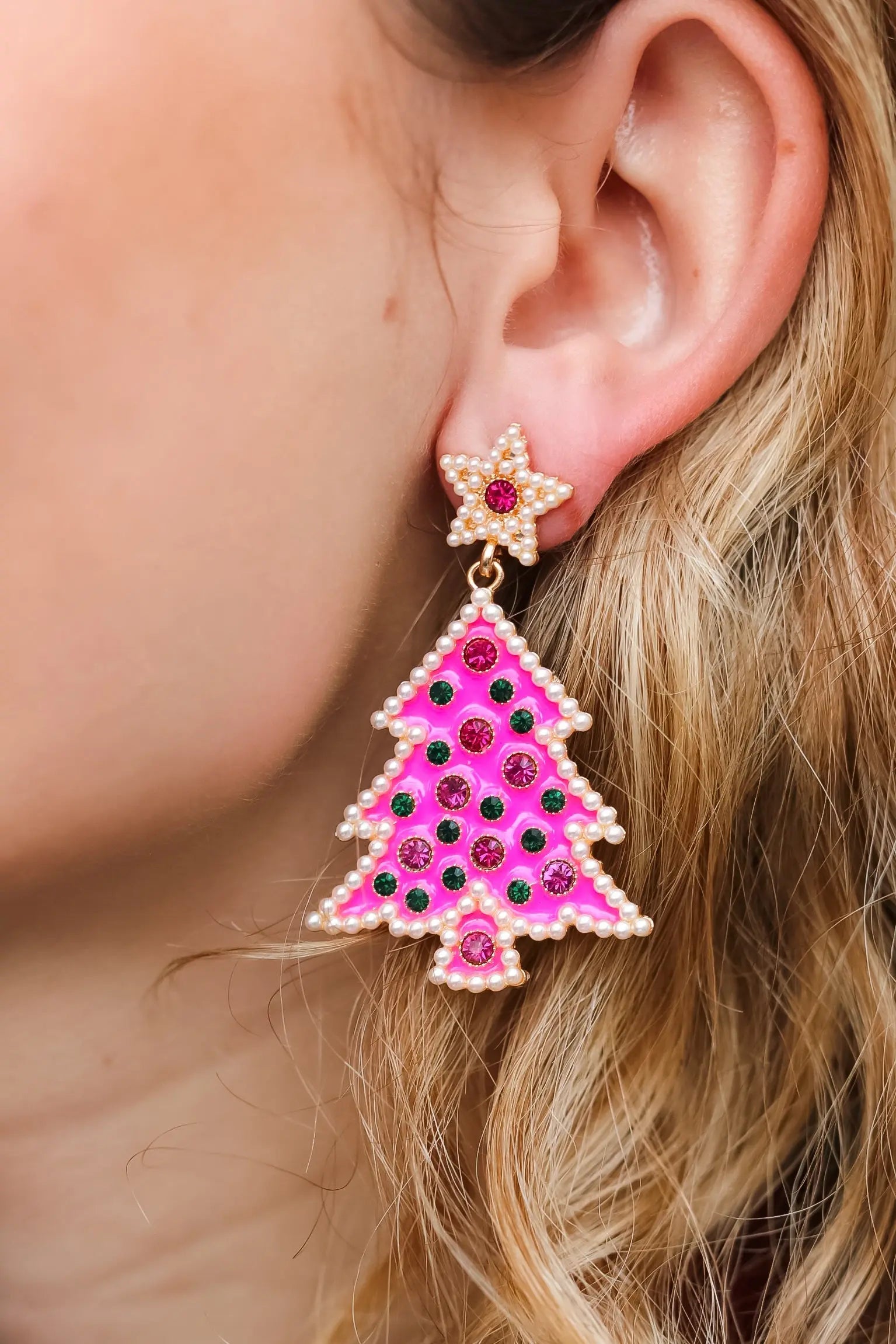Hot Pink Christmas Tree Rhinestone Metal Dangle Earring ICON