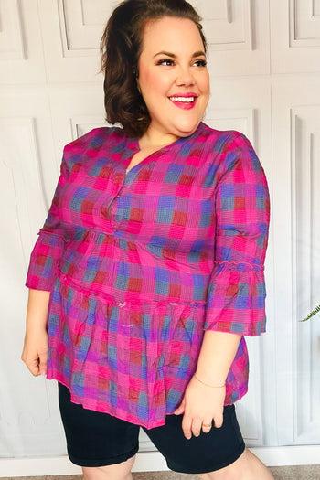 Back To Basics Fuchsia Plaid Notched Neck Babydoll Top Haptics