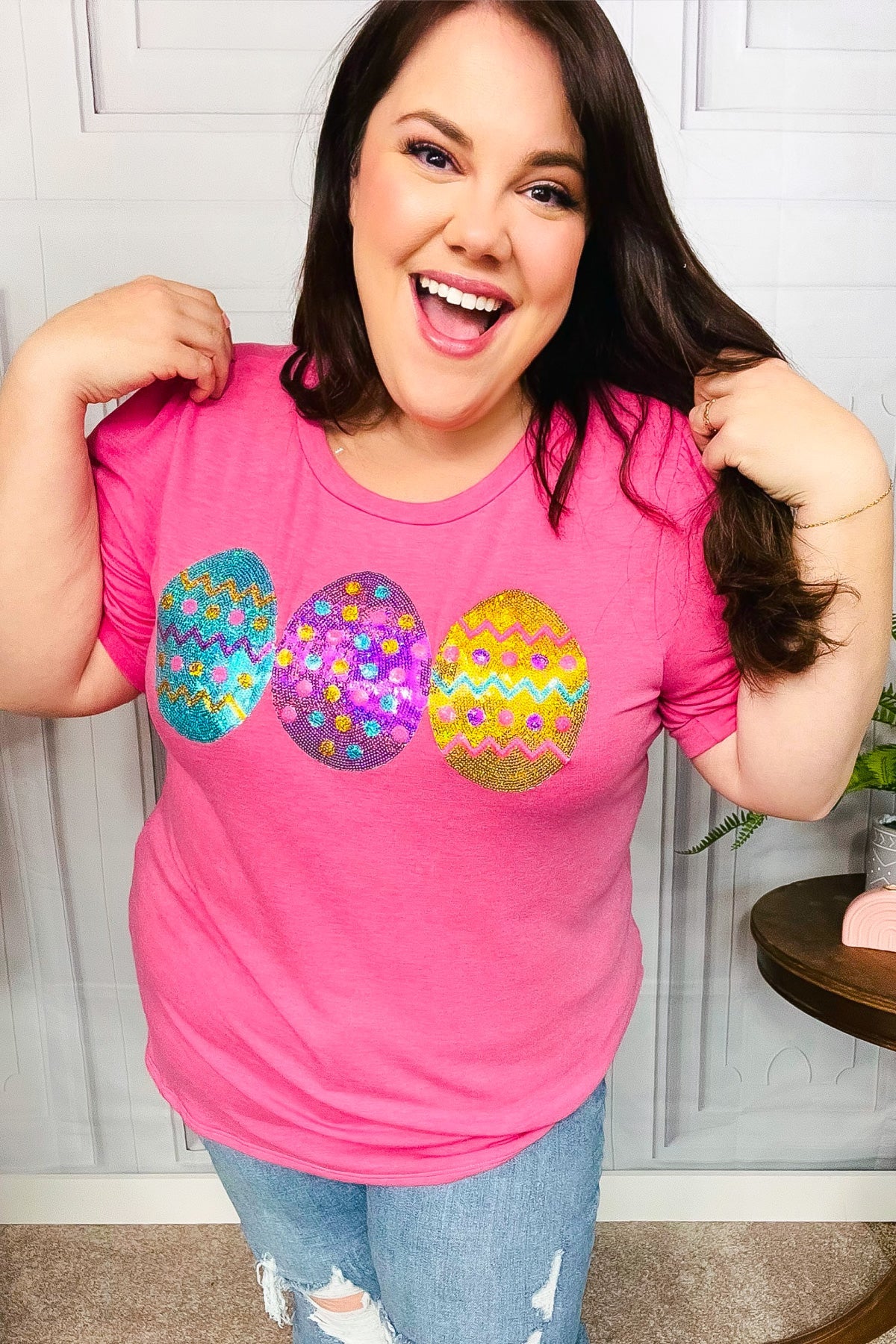Turn Heads Hot Pink Sequin Easter Egg Terry Top Haptics
