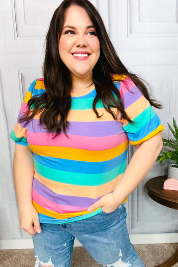 Can't Look Away Multicolor Stripe Bubble Sleeve Terry Top Haptics