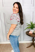 Get To It Ivory & Pink Merrow Stitch Ruffle Sleeve Stripe Top Haptics