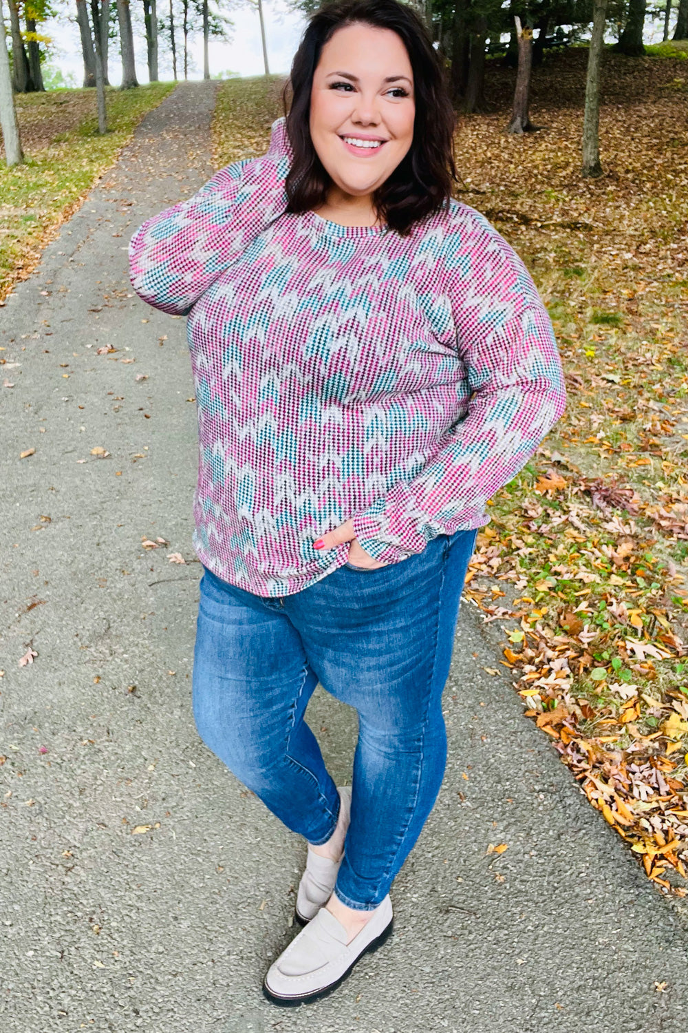 Magenta & Teal Vintage Two Tone Knit Top Haptics