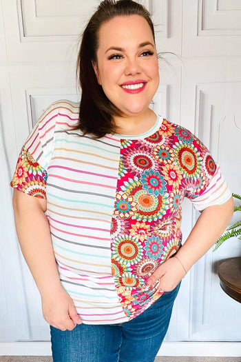 Always Fun Ivory & Fuchsia Stripe and Crochet Print Top Haptics