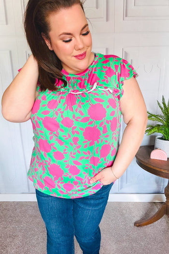 Sassy Green & Fuchsia Floral Ruffle Short Sleeve Yoke Top Haptics