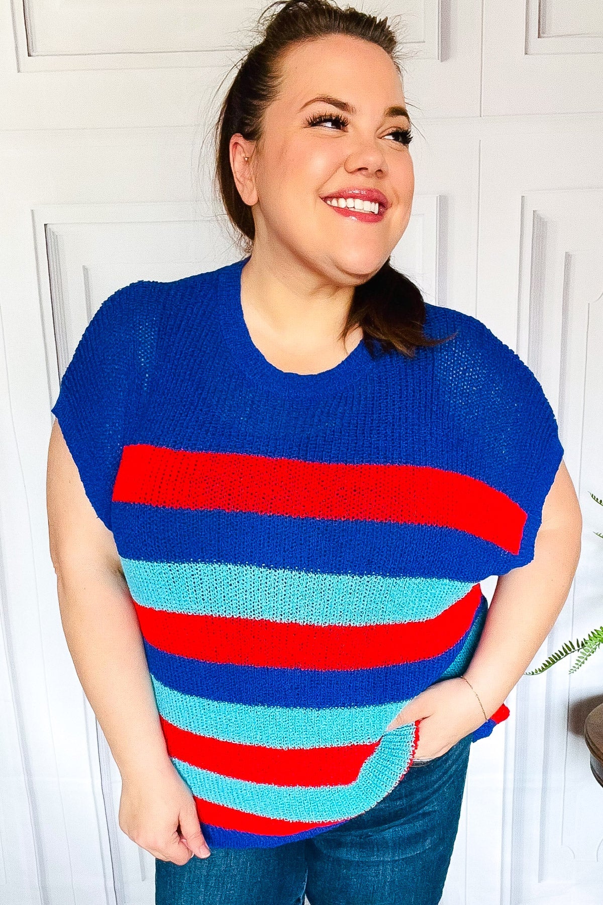 Forget Me Not Royal Blue Stripe Short Sleeve Dolman Sweater Haptics
