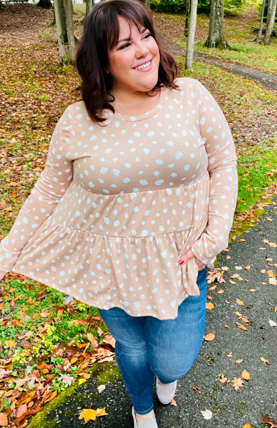 All For You Taupe Abstract Dot Tiered Babydoll Top Haptics