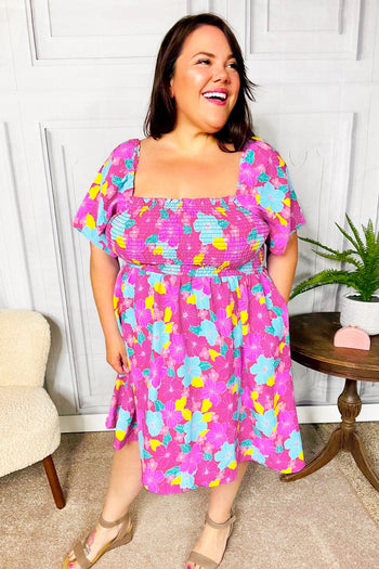 Vacay Vibes Fuchsia Floral Print Fit & Flare Smocked Dress Haptics