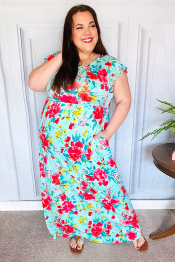 Aqua Floral Fit & Flare Maxi Dress Haptics