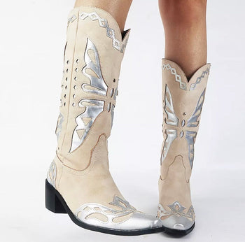 Women's Embossed Midcalf Butterfly Western Cowboy Boots Fashionella