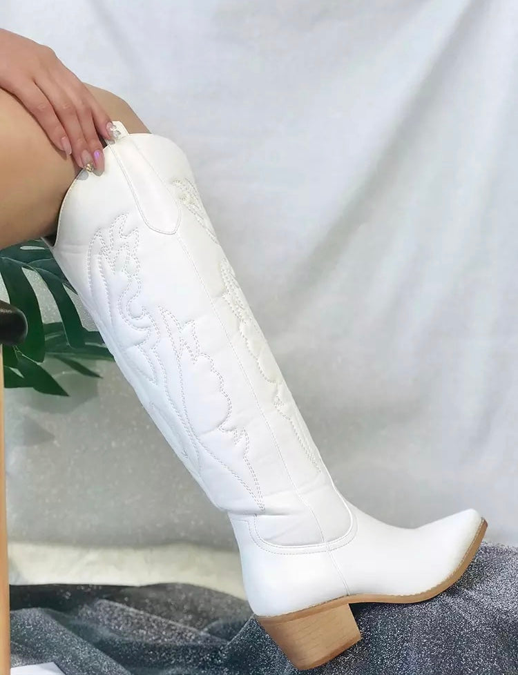 Cowboy Boots for Women Retro White Knee High Western Boots Fashionella