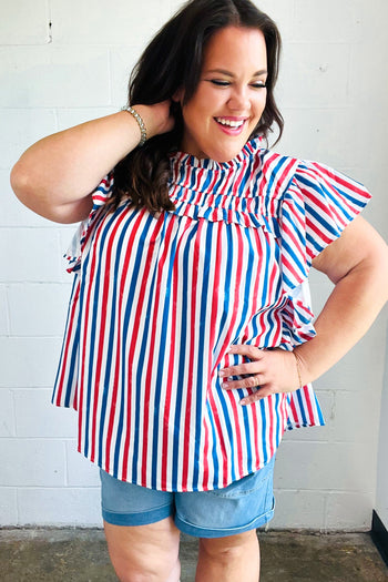 American Red White & Blue Stripe Shirred Yoke Neck Top Haptics