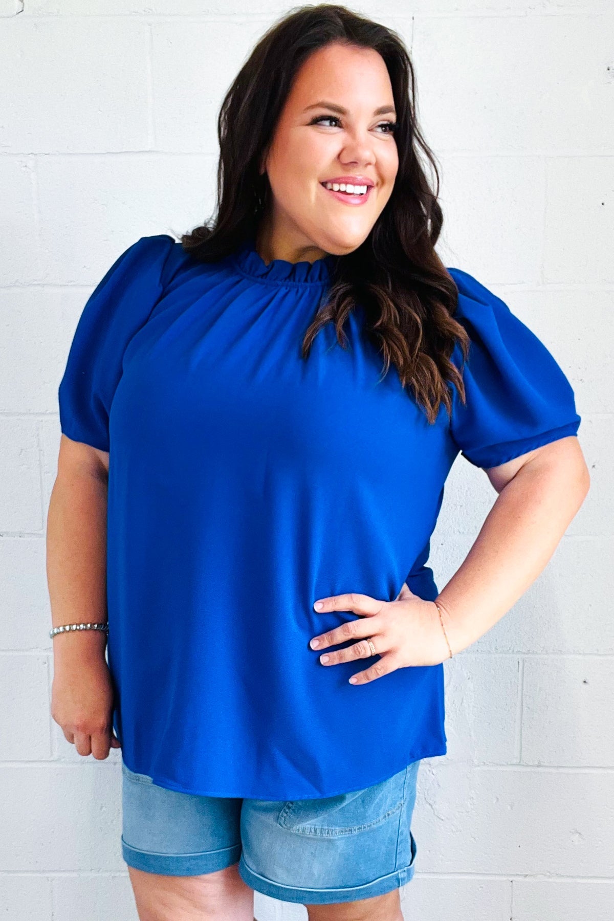 Lovely In Holiday Blue Frill Mock Neck Woven Top Haptics