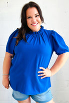 Lovely In Holiday Blue Frill Mock Neck Woven Top Haptics