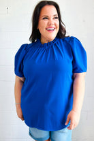 Lovely In Holiday Blue Frill Mock Neck Woven Top Haptics