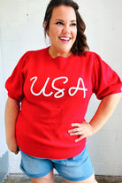 USA Red Knit Embroidery Puff Sleeve Sweater Top Haptics