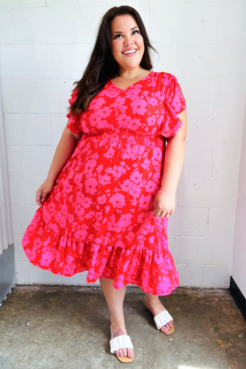 Remember Me Red & Pink Floral Print Smocked Waist Midi Dress Haptics