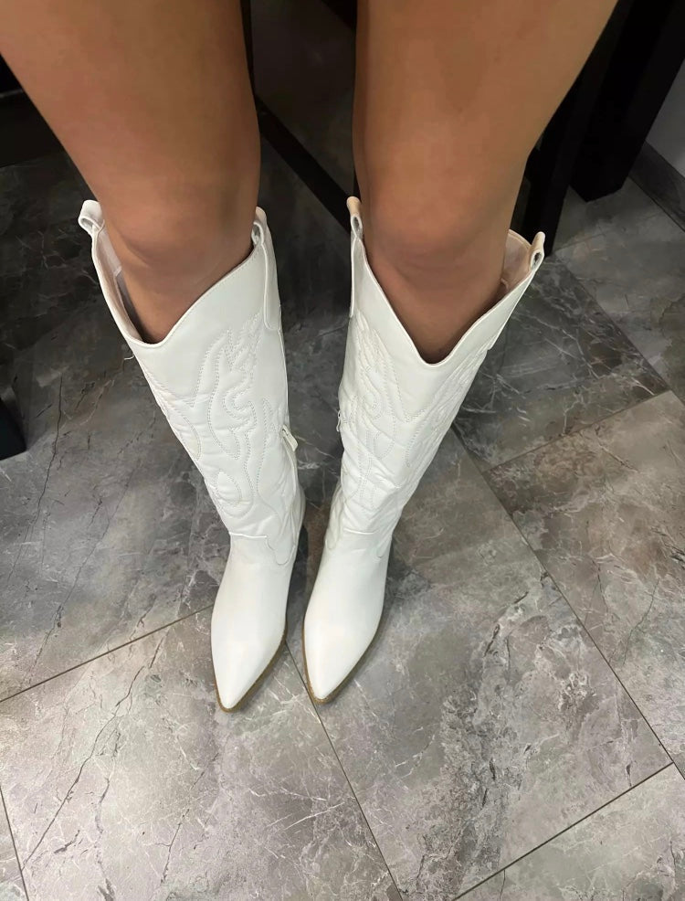 Cowboy Boots for Women Retro White Knee High Western Boots Fashionella