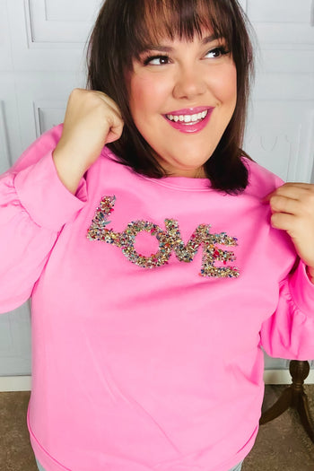 Pink "LOVE" Jewel Beaded Patch Pullover Top Haptics