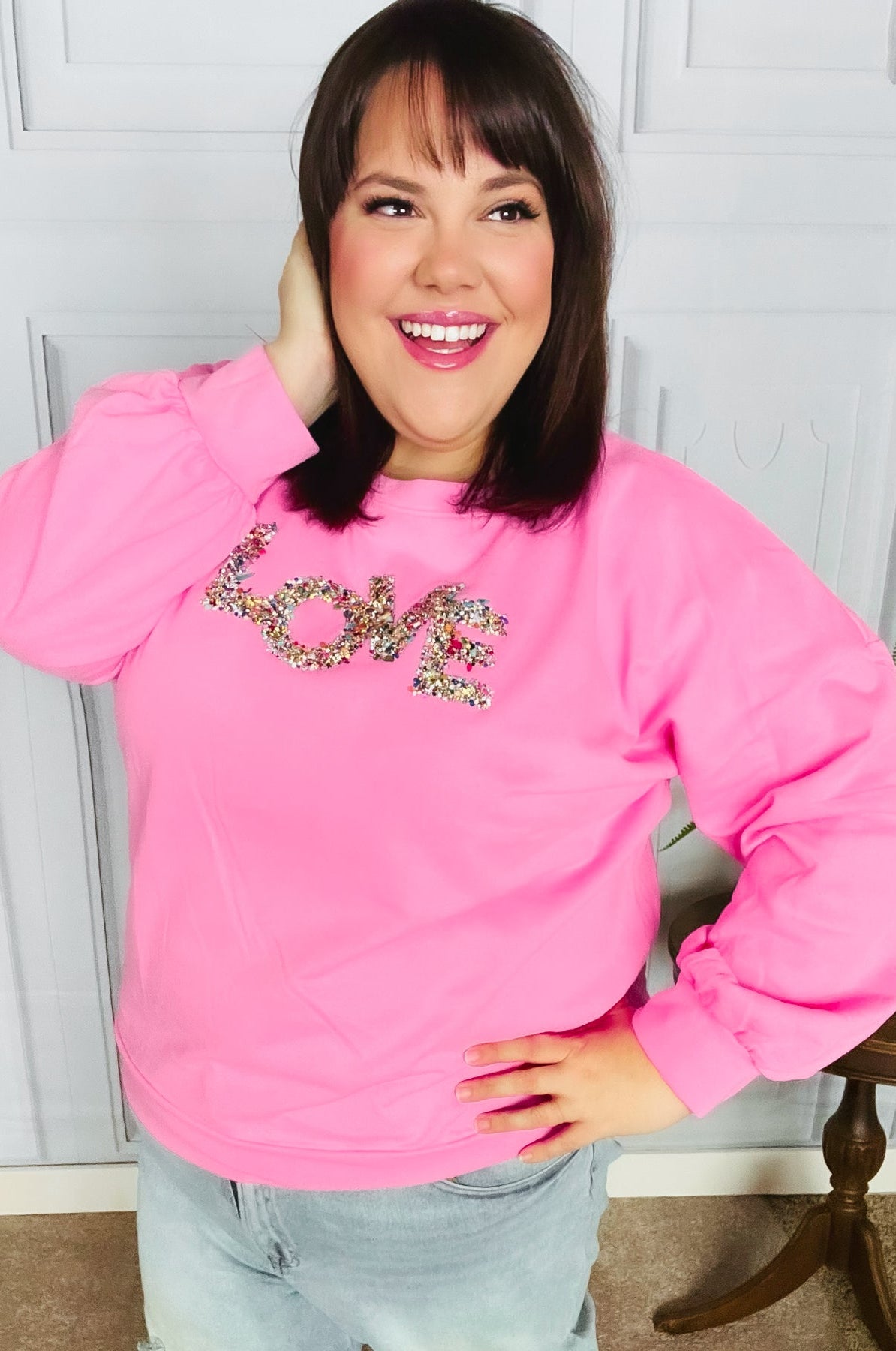 Pink "LOVE" Jewel Beaded Patch Pullover Top Haptics