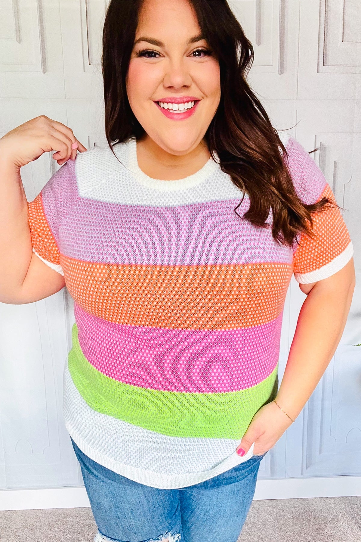 Get Started Lavender & Orange Stripe Jacquard Sweater Top Haptics