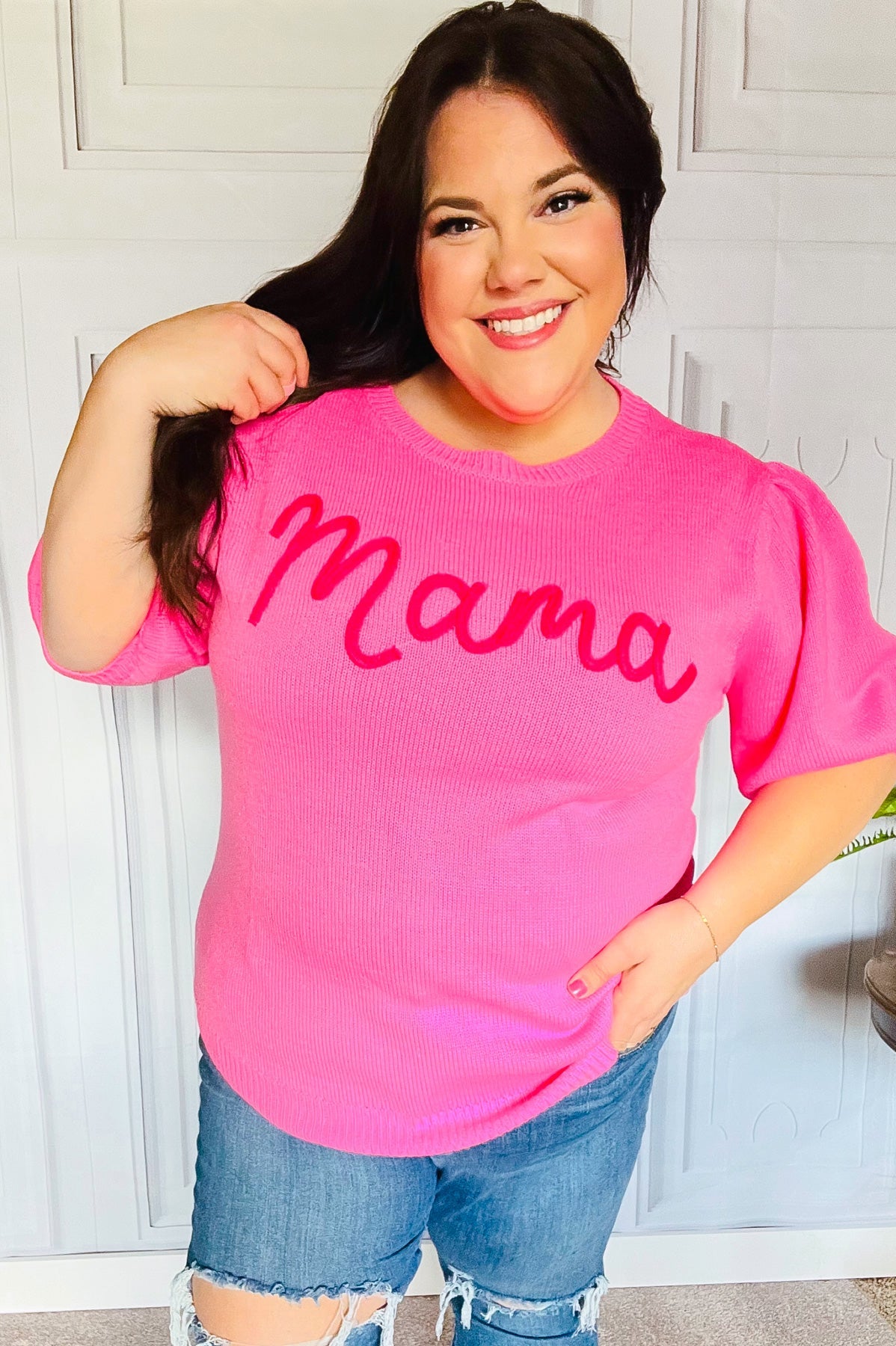 Take A Bow Pink "Mama" Embroidery Puff Sleeve Sweater Top Haptics