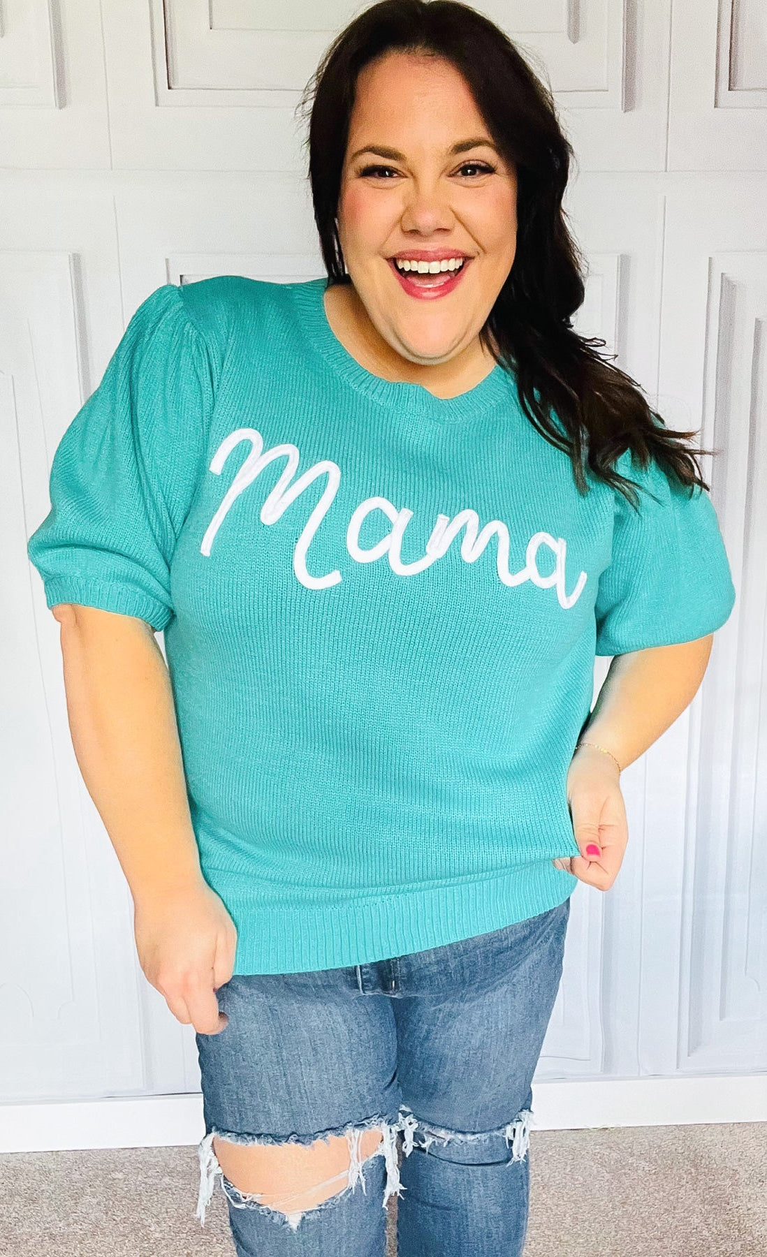 Take A Bow Mint "Mama" Embroidery Pop-Up Puff Sleeve Sweater Top Haptics